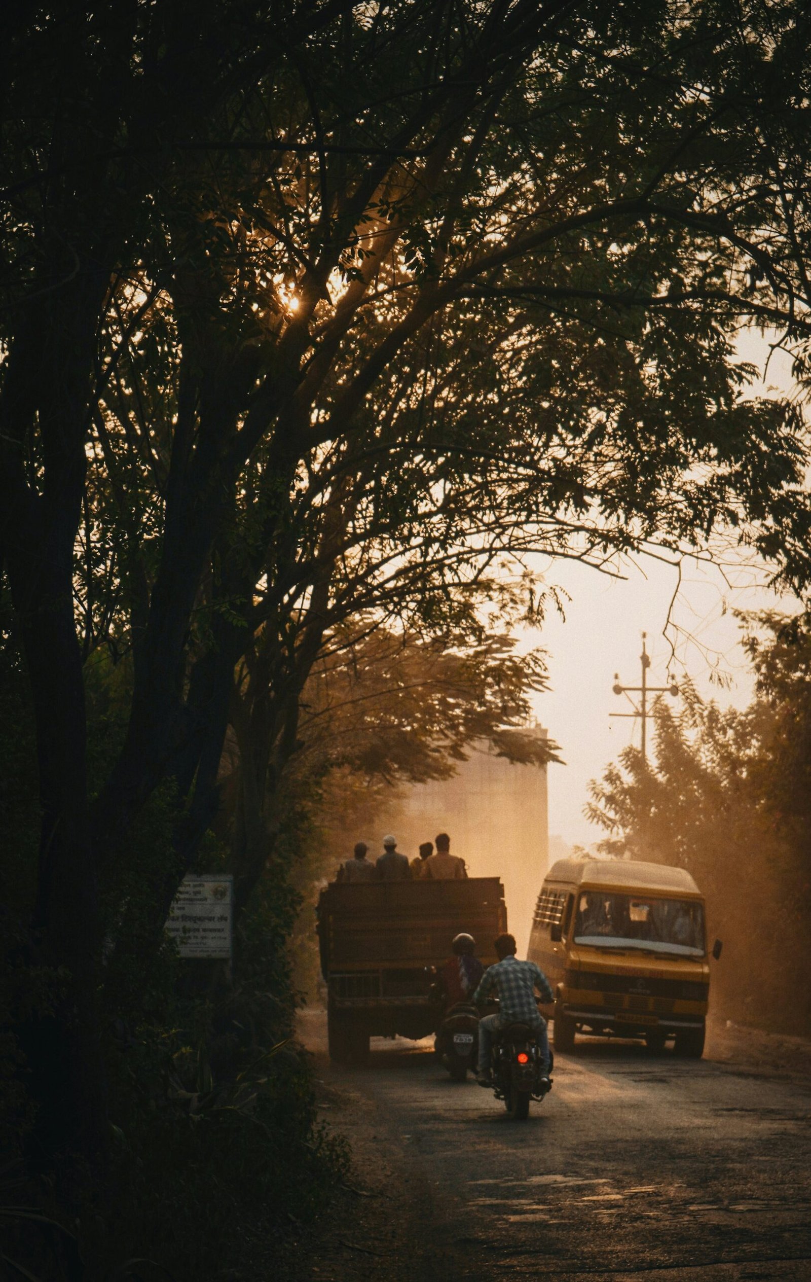 a couple of trucks driving down a road next to a forest